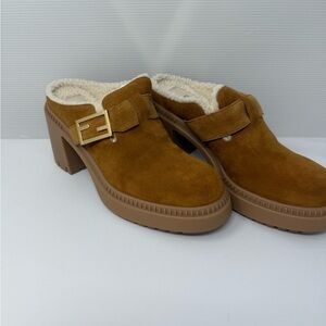 FENDI Women's Tan Suede Clog with Faux Fur Lining size 41
